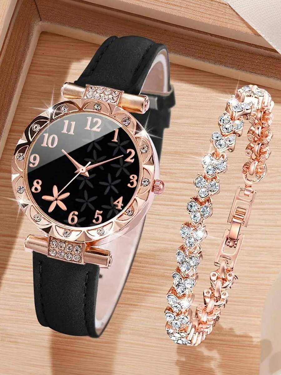 腕時計 レディース セット 2個セット エレガントな女性用クォーツ腕時計 星型デジタルダイヤル - ローズゴールドブレスレット、バ拍卖