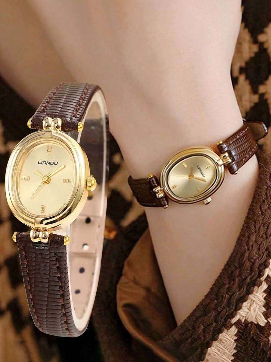 腕時計 レディース クォーツ 1個 ヴィンテージ、ファッション、シンプルカジュアル、エレガントオーバルケース、PUベルト レディー拍卖