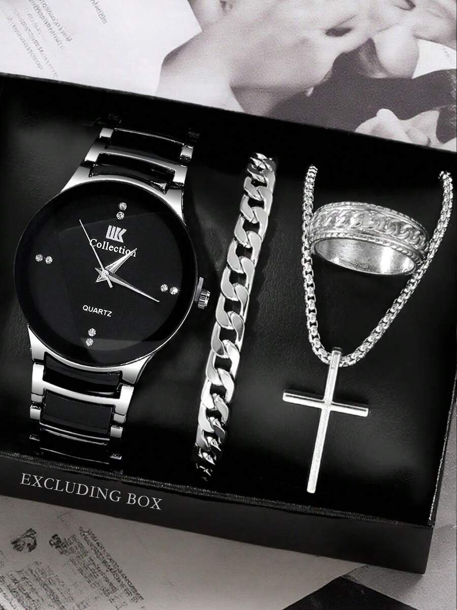 腕時計 メンズ セット ファッショナブルでシンプルな男の子用クォーツ腕時計4点セット、ラウンドダイヤル ラインストーンスケール、合拍卖