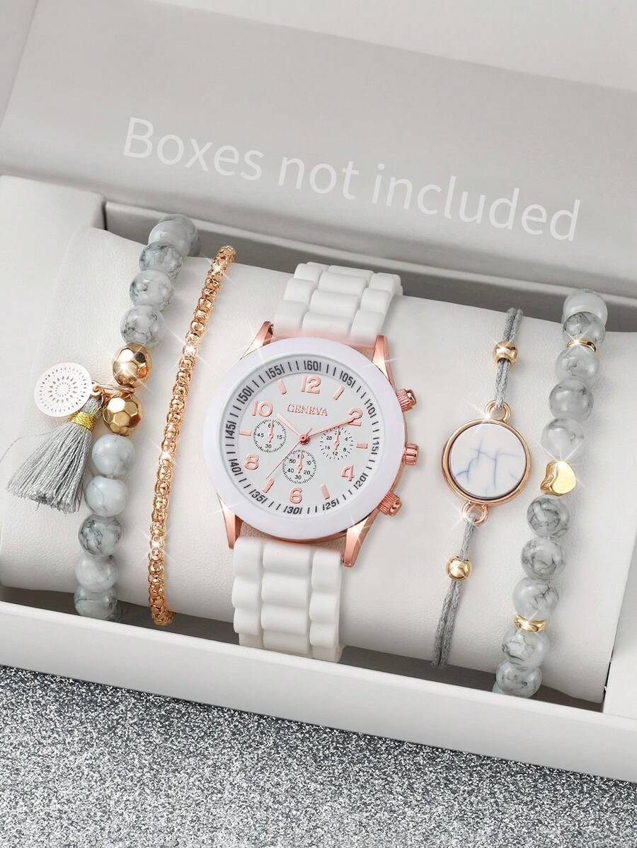 腕時計 レディース セット 女性用シリコンストラップ 数字文字盤クォーツ腕時計 + ブレスレットセット 5個入り拍卖