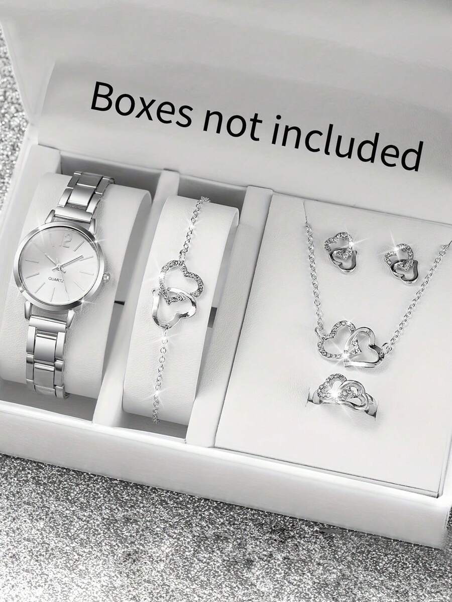 腕時計 レディース セット 女性用ステンレススチール製シルバー クォーツ腕時計 ダブルハートチェーンジュエリーセット 大切な人への拍卖
