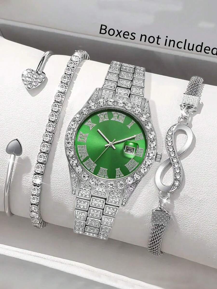 腕時計 レディース セット 4個セット レディース腕時計、グリーンのローマ数字ダイヤル、シルバーラインストーン腕時計+ラインストー拍卖