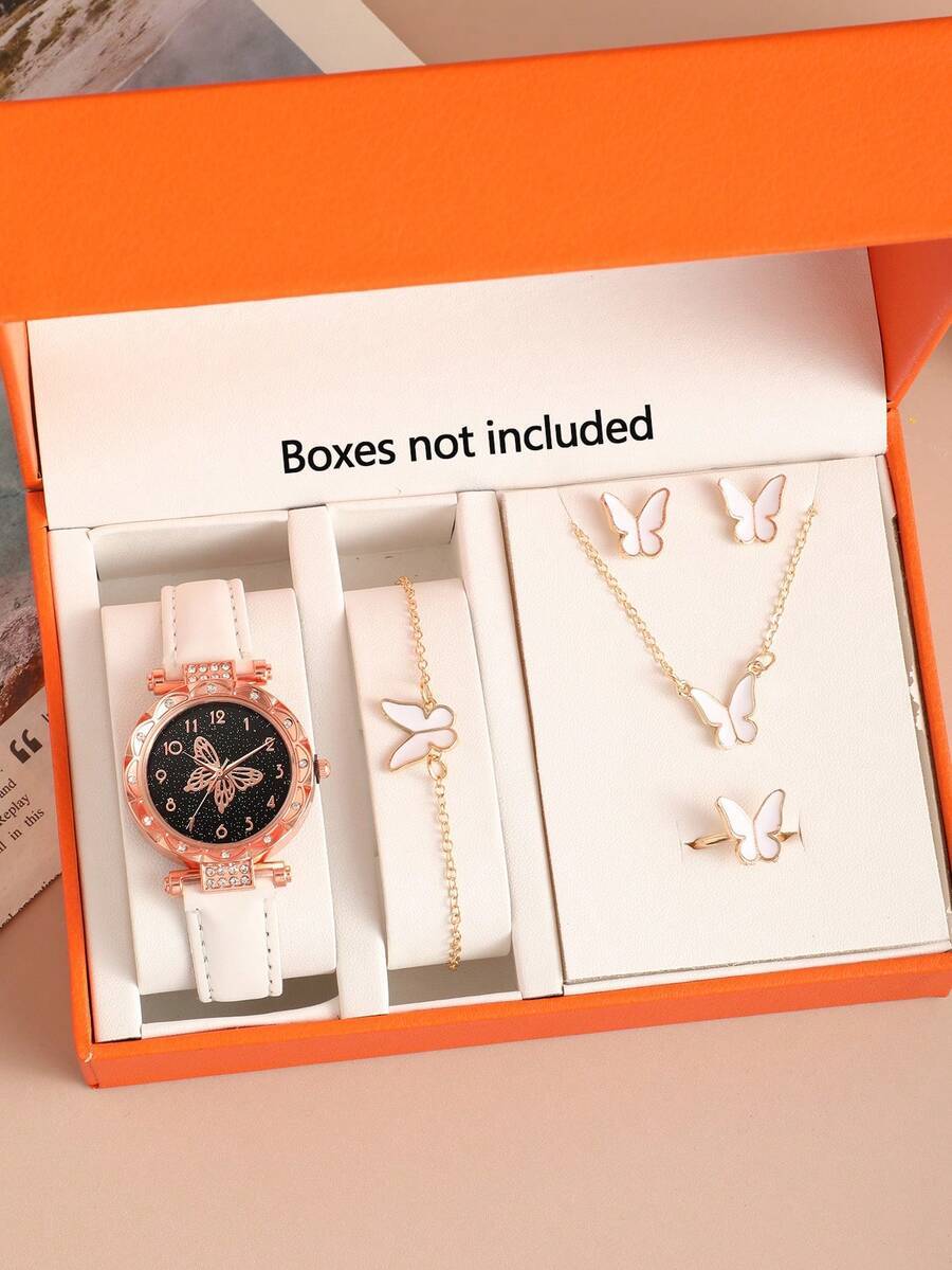 腕時計 レディース セット 6個セット - レディース クォーツ腕時計、丸型ダイヤル、PUベルト、繊細なバタフライネックレス、ブレ拍卖