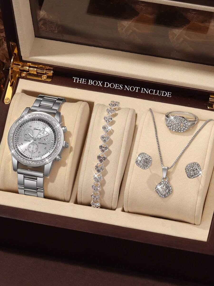 腕時計 レディース セット 6個セット 女性用クォーツ腕時計 ブレスレット、ネックレス、リング、ピアスジュエリーセット、丸型ダイヤ拍卖