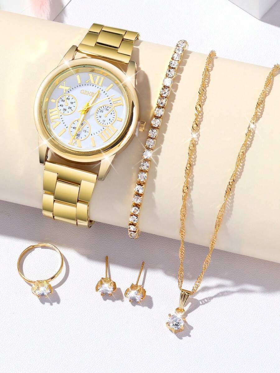 腕時計 レディース セット 6個セット エレガントシンプル レディース クォーツ腕時計、ラウンドダイヤル ローマ数字インデックス、拍卖