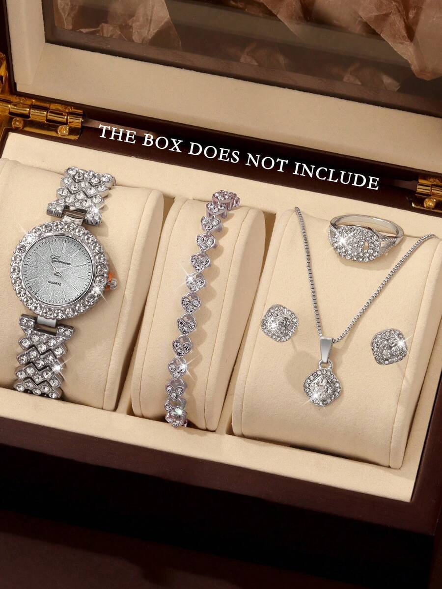 腕時計 レディース セット 6個セット 女性用クォーツ腕時計 ブレスレット、ネックレス、リング、ピアスジュエリーセット、丸型ダイヤ拍卖