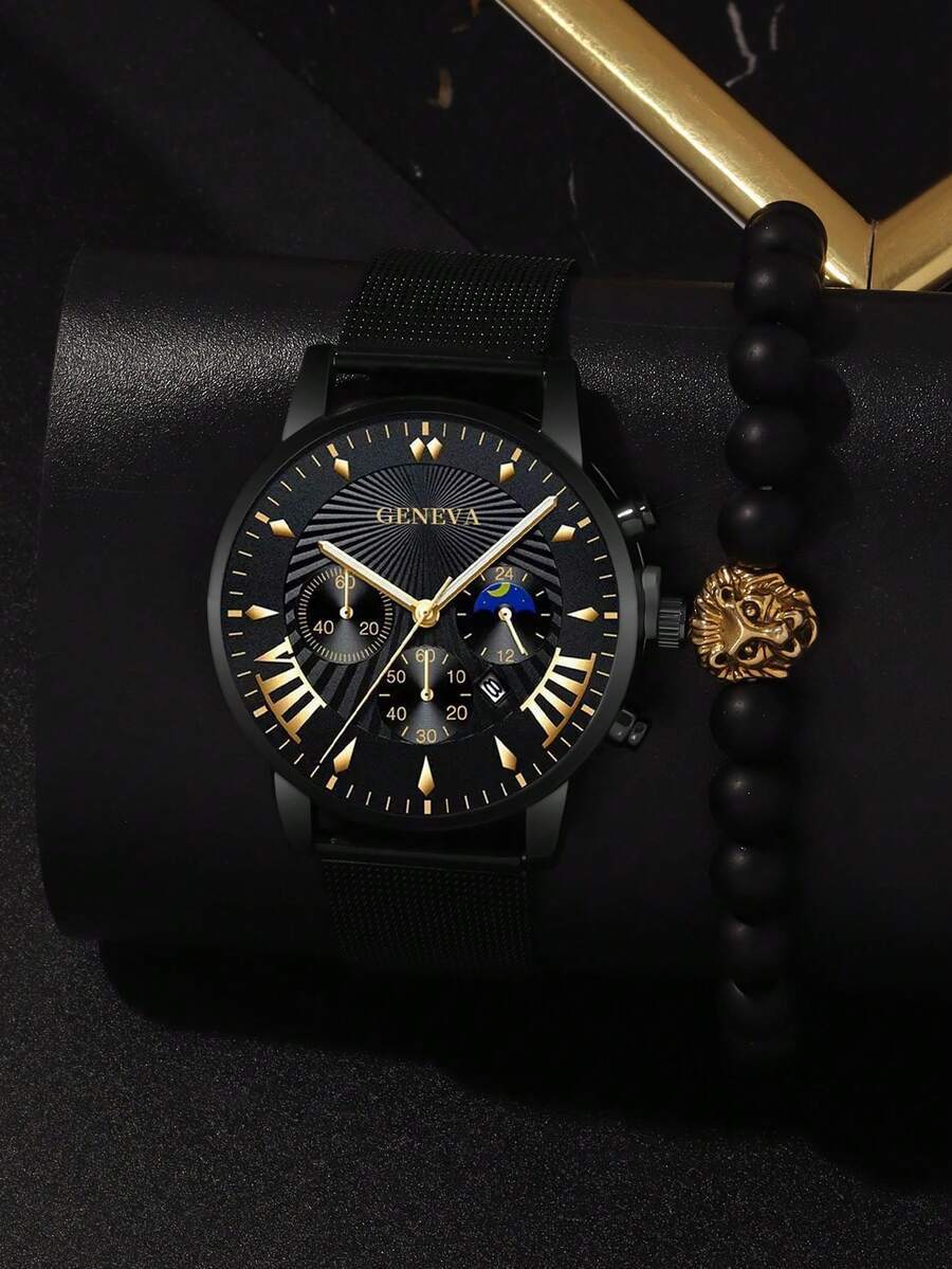 腕時計 メンズ セット 2個 シンプルなファッションメンズクォーツ腕時計、ラウンドダイヤル、PUレザーストラップ ライオンブレスレ拍卖