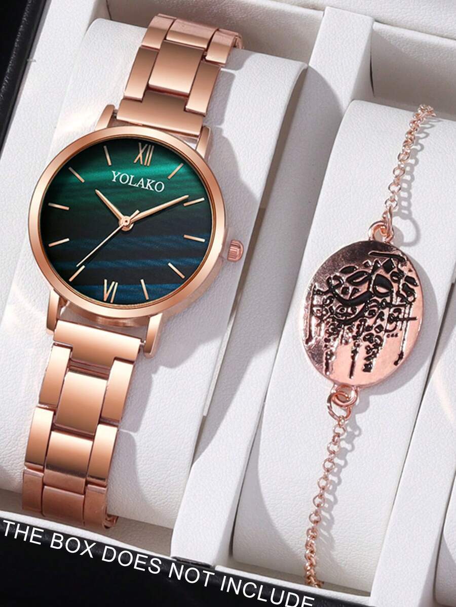 腕時計 レディース セット 2個 ファッショナブルで優雅な女性用合金製腕時計、丸型ダイヤルとバーインデックス、合金ストラップ、チェ拍卖