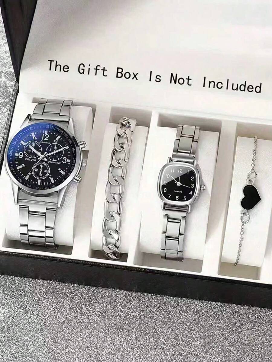 腕時計 ペアウォッチ ユニセックス カジュアル ラウンド 腕時計 4本セット、ステンレスバンド クォーツ式、シンプルブレスレット付拍卖