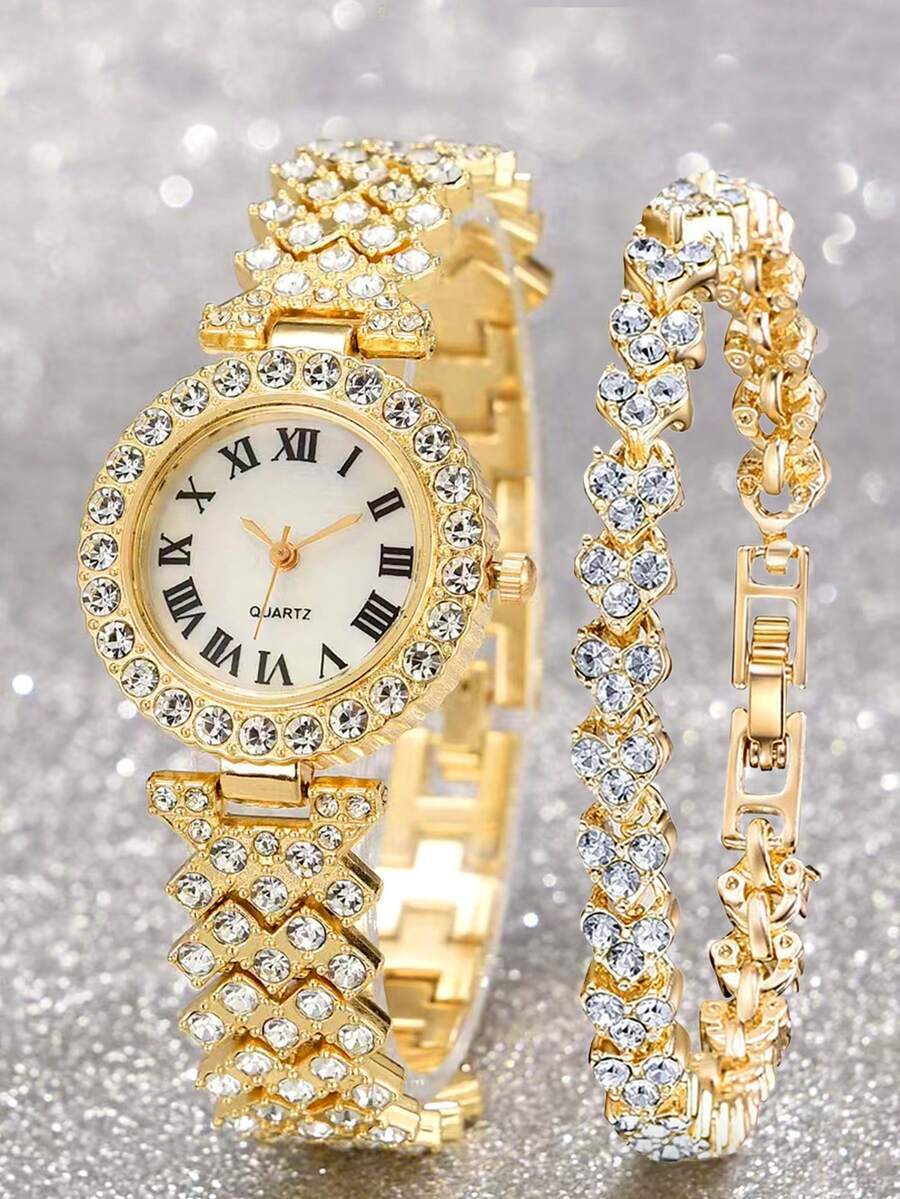 腕時計 レディース セット 2個セット レディース クォーツ腕時計 輝くハート要素ブレスレット付き、シンプルな丸型ダイアル、エレガ拍卖
