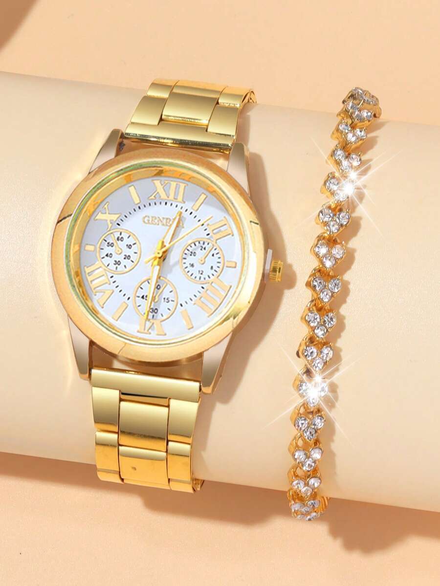 腕時計 レディース セット 2個セット シンプルファッション ラウンドダイヤル ローマ数字 鋼製バンド合金ウォッチ レディース ブ拍卖