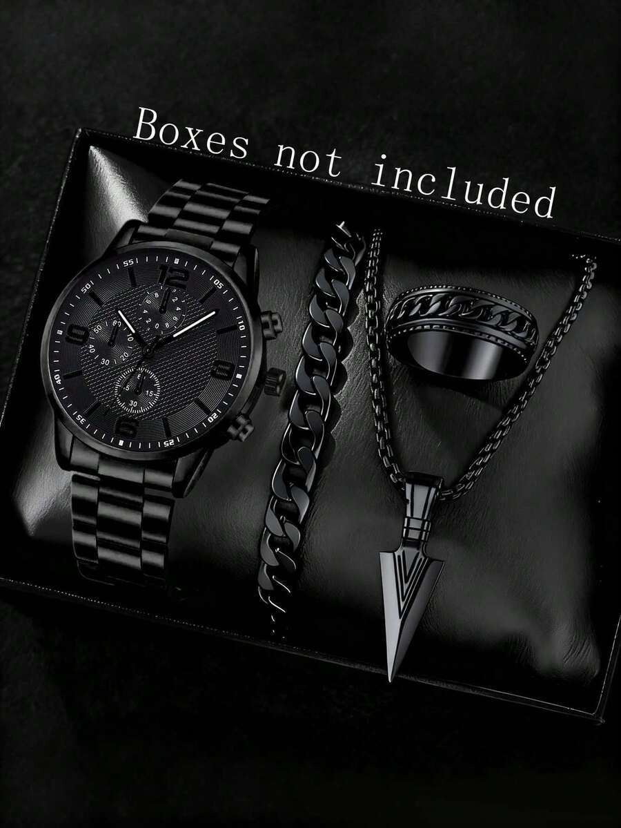腕時計 メンズ セット 4個セット ブラックメタルバンド ファッション メンズ腕時計セット ビジネス クォーツ腕時計 ブレスレット拍卖
