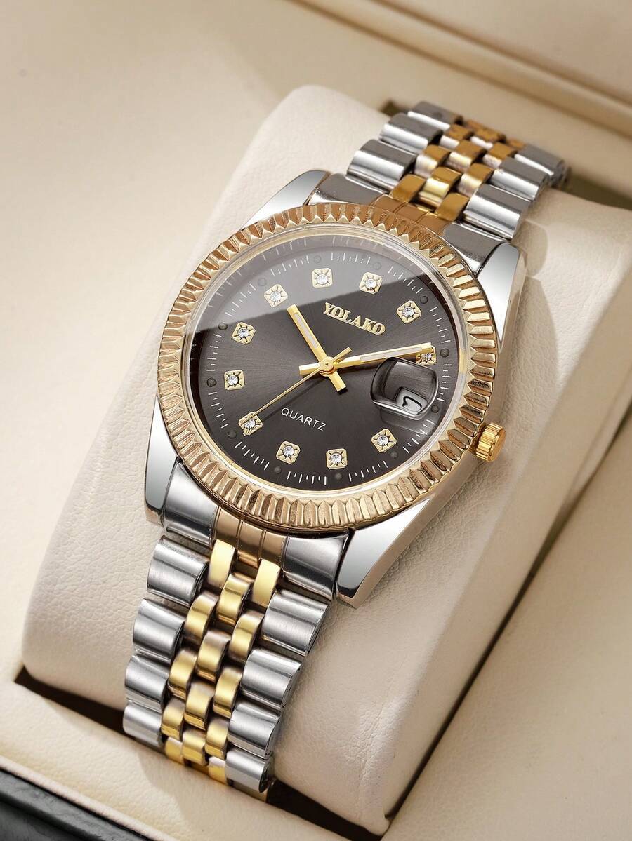 腕時計 メンズ クォーツ 1個 メンズファッションカジュアル ラインストーン スケールダイヤル カレンダー ステンレススチール ク拍卖