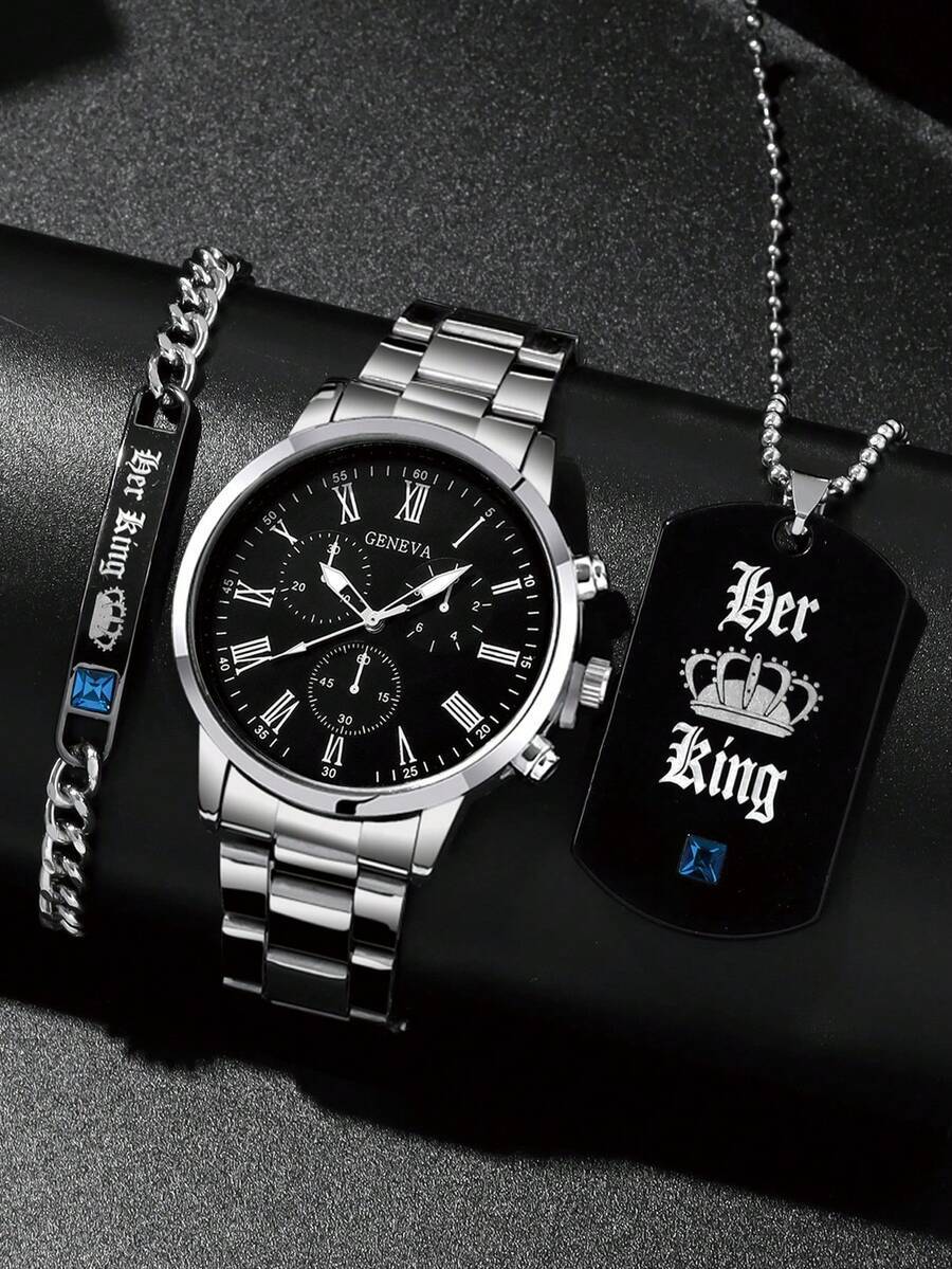 腕時計 メンズ セット ステンレス鋼クォーツ メンズ腕時計 シルバー チェーンブレスレット ペンダントネックレス 3点セット、男の拍卖