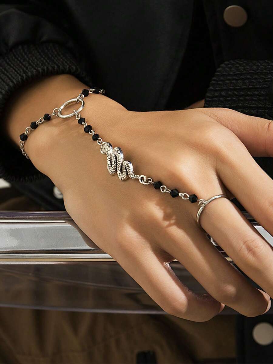 ジュエリー メンズ ブレスレット 1個 メンズ ブラック クリスタル ヘビ デコレーション ブレスレット & フィンガーチェーン、拍卖