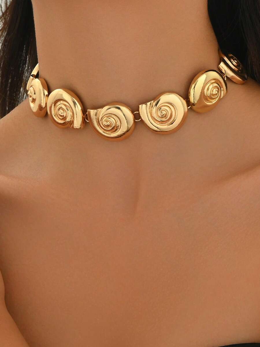 ジュエリー レディース ネックレス チョーカー 1個 アンティークコイン風ゴールドメタルホラガイデコレーションネックレス、ファッシ拍卖