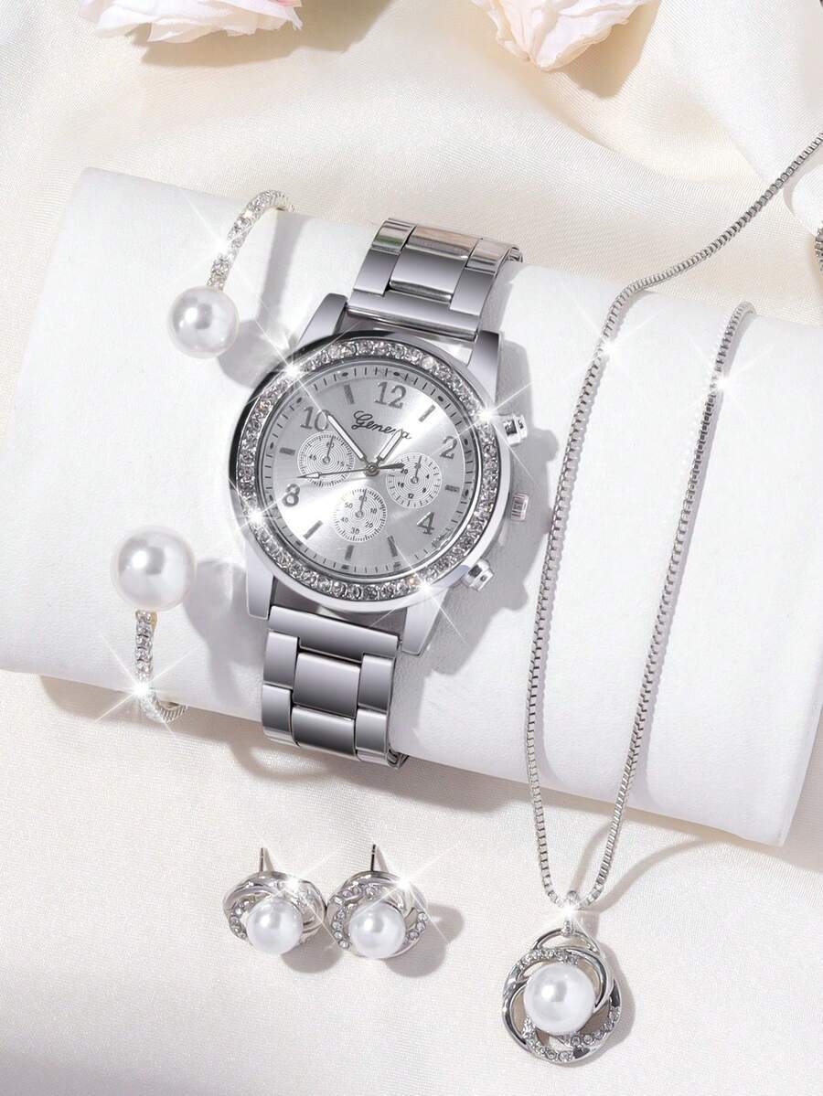腕時計 レディース セット 5個セット エレガントな石英時計 レディース用、アラビア数字文字盤 合金ダイヤル、ネックレス、ピアス、拍卖