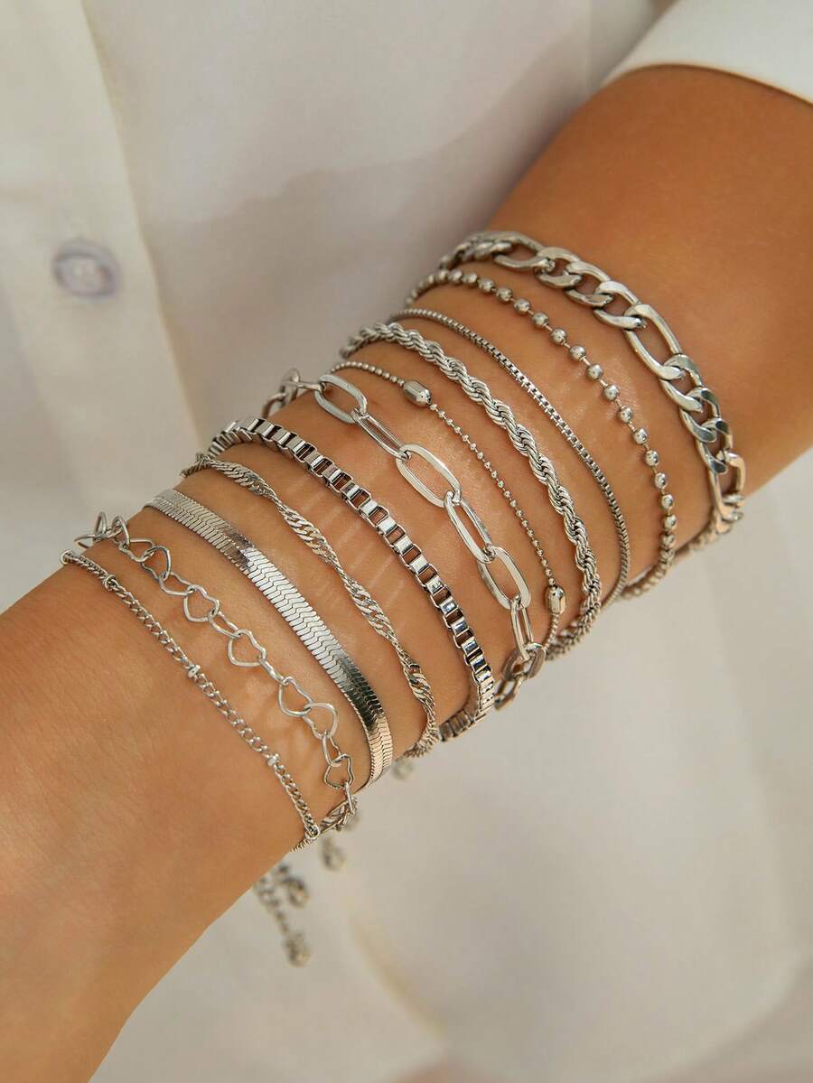 ジュエリー レディース ブレスレット セット 11個セット ミニマリスト エレガントハート&スネークスキンチェーンレイヤードブレス拍卖