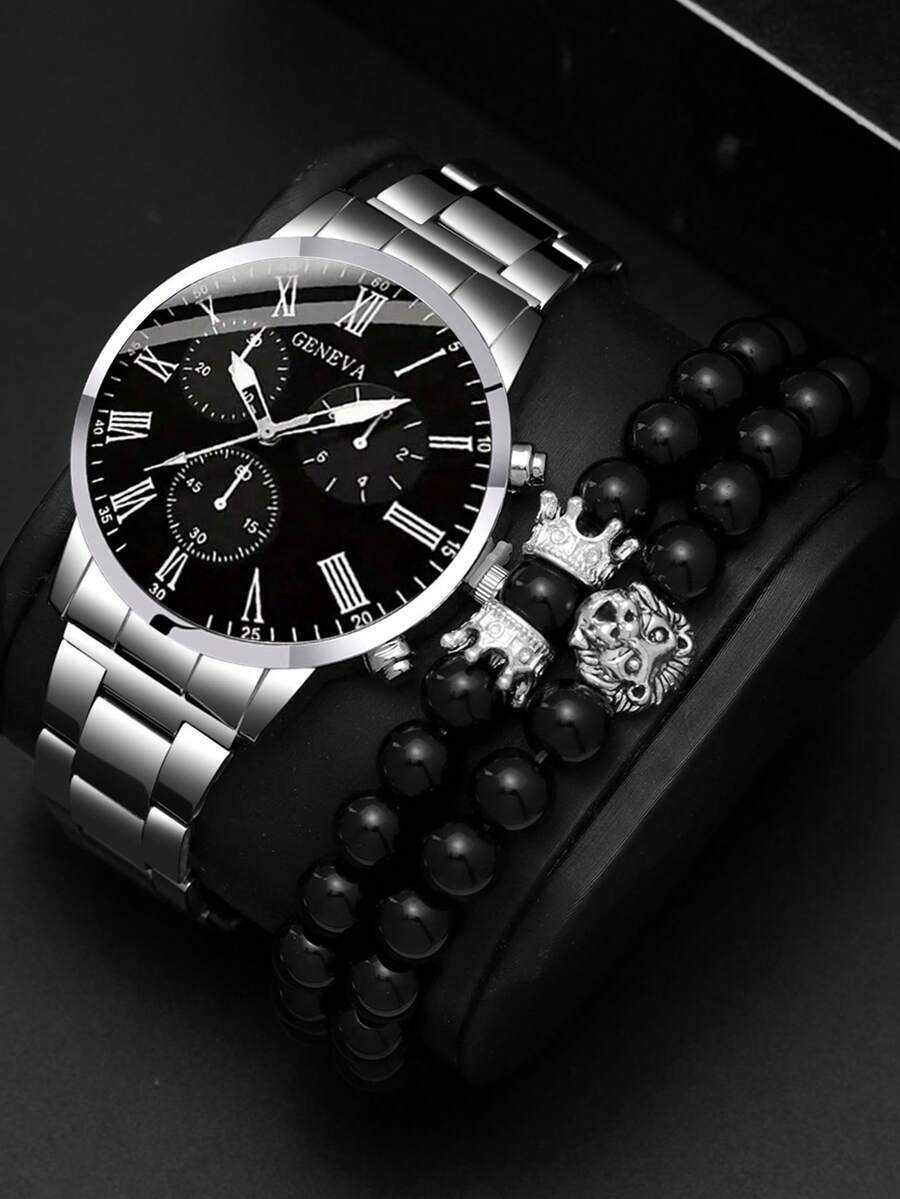 腕時計 メンズ セット 3個セット ファッション 多機能 メンズクォーツ腕時計、ラウンドダイヤル、合金スチールバー、クラウンビーズ拍卖