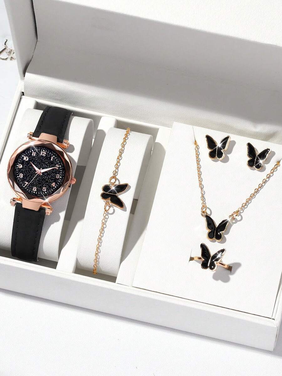 腕時計 レディース セット 6個セット シンプルカジュアル合金ウォッチ レディース、合金ダイヤル アラビア数字スケール 星空模様、拍卖