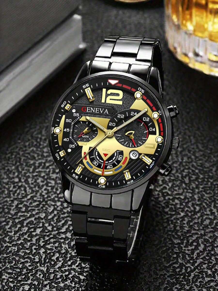 腕時計 メンズ クォーツ メンズ 耐久性のあるステンレススチールカレンダーウォッチ - ゴールドダイヤル ゴールドの針 & ブラッ拍卖