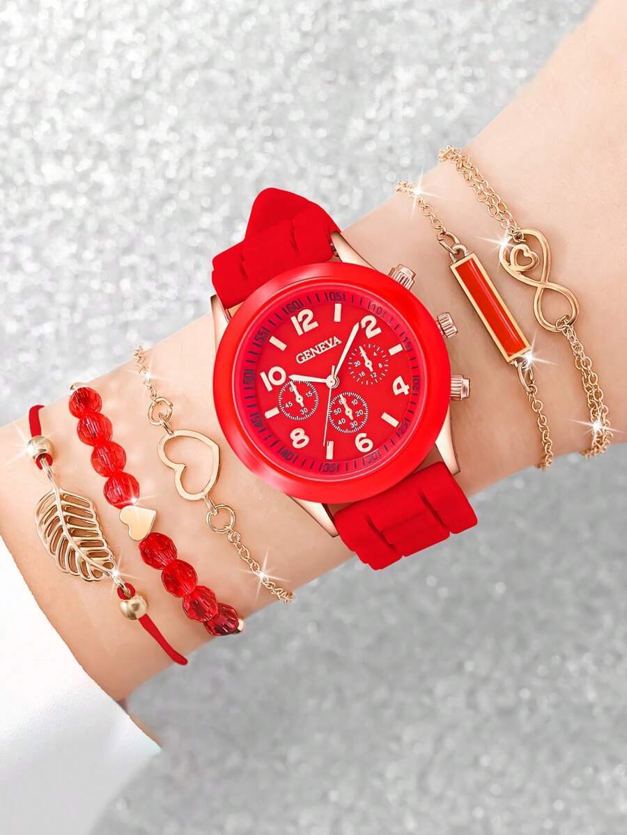 腕時計 レディース セット ファッション クォーツ 腕時計 ジュエリーセット 6個入り、カジュアル ラウンド レディース腕時計、シ拍卖