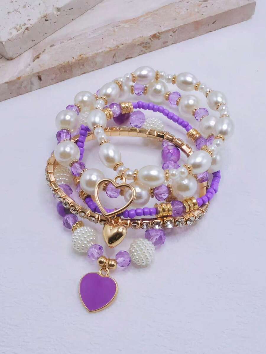 ジュエリー レディース ブレスレット セット 真珠とクリスタルビーズのブレスレットセット5個入り、ファッショナブルで多用途なスタッ拍卖