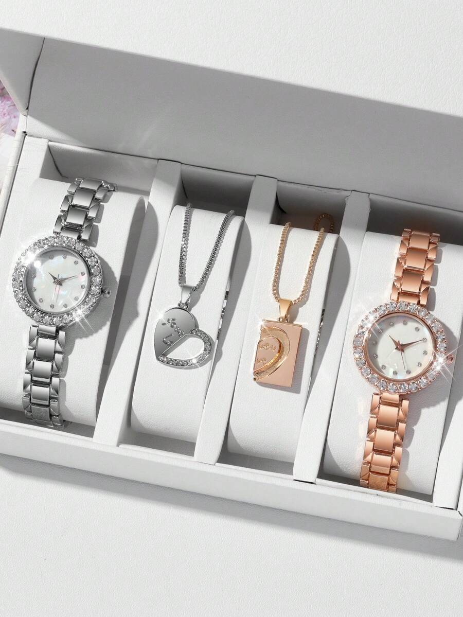 腕時計 レディース セット 4個セット シンプルエレガントな女性用腕時計、丸型合金ダイヤル ラインストーン グラデーション ライン拍卖