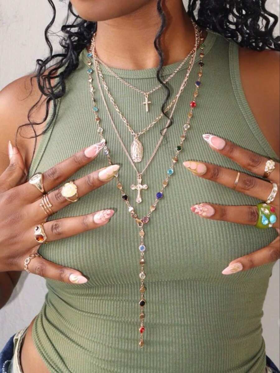 ジュエリー レディース ネックレス セット 3個セット エレガントな カラフル クリスタル クロス&聖母マリア ペンダント マルチ拍卖