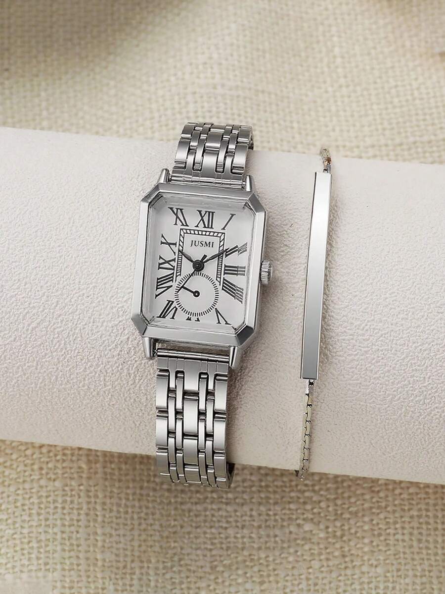 腕時計 レディース セット 2個セット スクエア スチールストラップ ウォッチ + ブレスレット、デイリーコーディネートに、誕生日拍卖