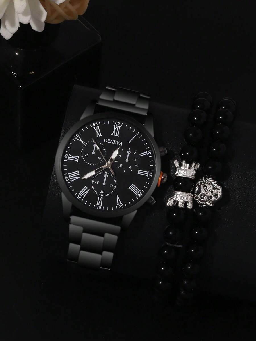 腕時計 メンズ セット 3個セット シンプルなファッション メンズクォーツ腕時計、ラウンドダイヤル ローマ数字スケール、ライオンク拍卖