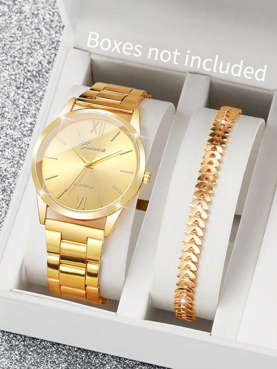 腕時計 レディース セット 2個セット レディースファッションカジュアルローマ数字ダイヤル クォーツ腕時計 スチールバンド + ブ拍卖