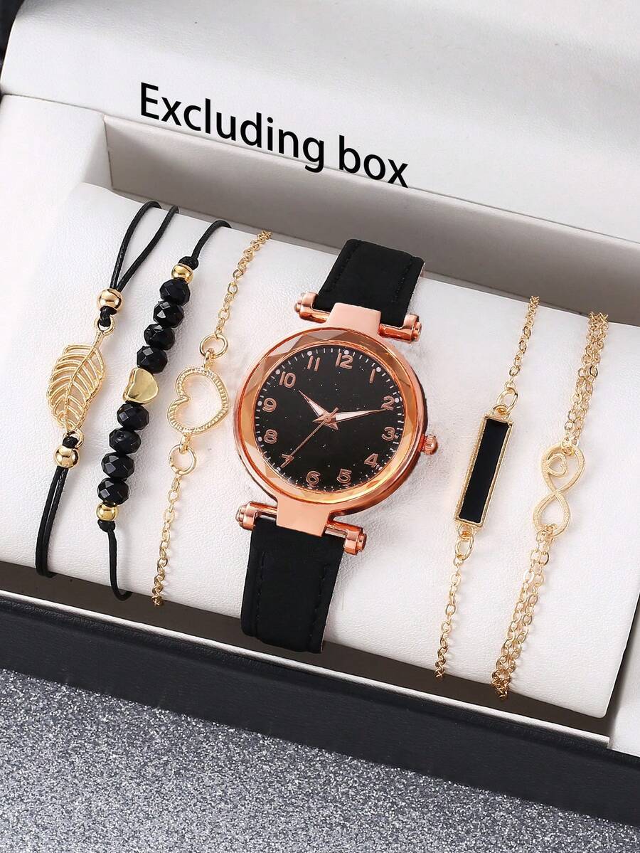 腕時計 レディース セット 6個セット エレガントな女性用クォーツ腕時計、ミニマリストな星空ダイヤル&ブレスレットセット、時計箱は拍卖