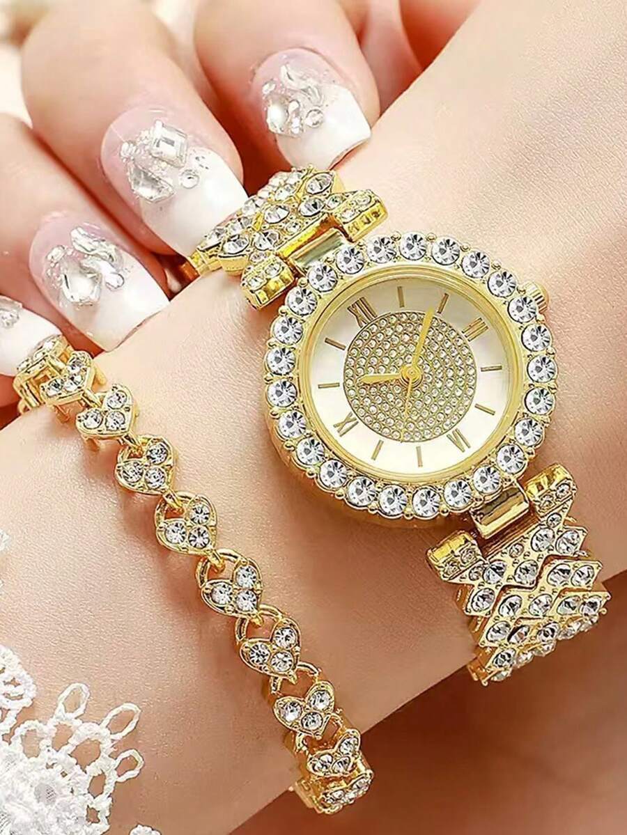 腕時計 レディース セット 2個セット レディース クォーツ腕時計 輝くハート要素ブレスレット付き、シンプルな丸型ダイアル、エレガ拍卖