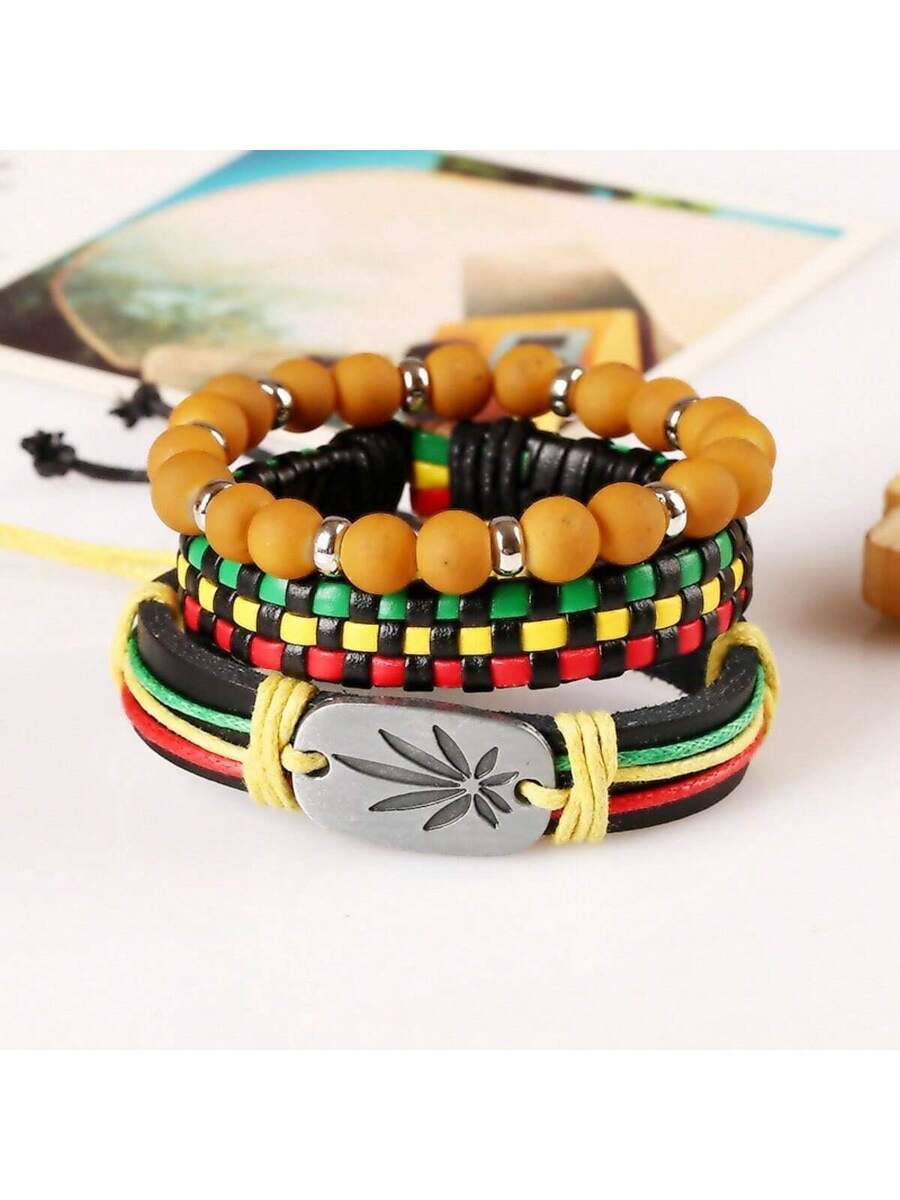 ジュエリー メンズ ブレスレット セット 3個セット メンズ レゲエ ストリートダンス ブレスレット 赤黄緑 ブレード 人工皮革拍卖