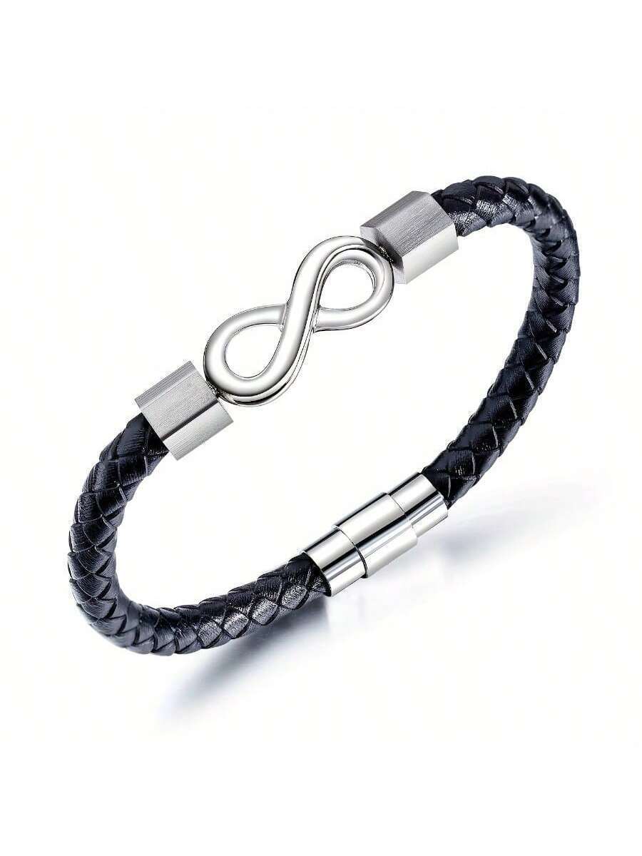 ジュエリー メンズ ブレスレット 黒色編み込みレザーブレスレット インフィニティチャーム付き - メンズアクセサリー拍卖