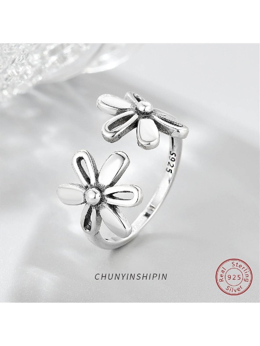 リング レディース シングル 女性用ファッショナブルなフラワーデコレーション スターリングシルバーカフリング、日常使いのデコレーシ拍卖