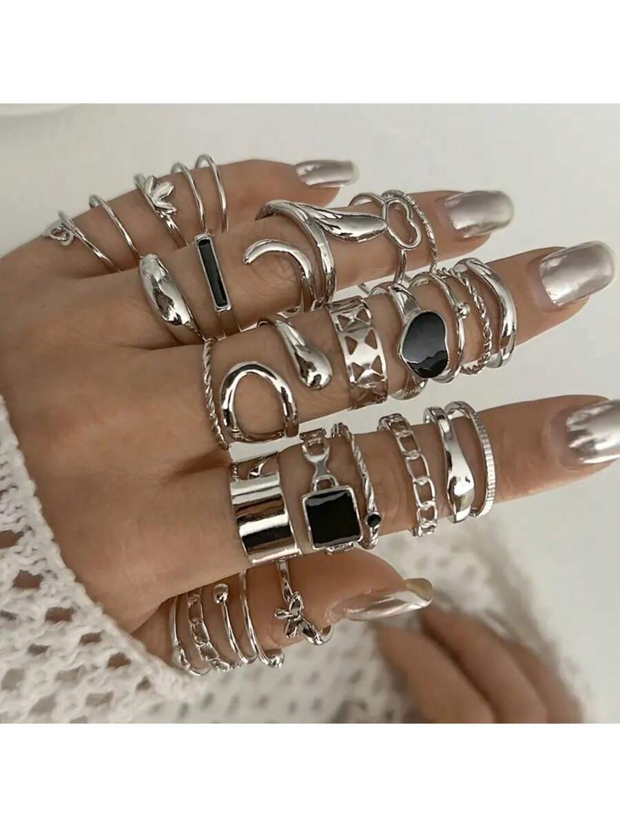 リング レディース セット ファッション ブラックレジン ハート 正方形リングセット 26個入り、重ね付け可能、デイリー使いに適し拍卖