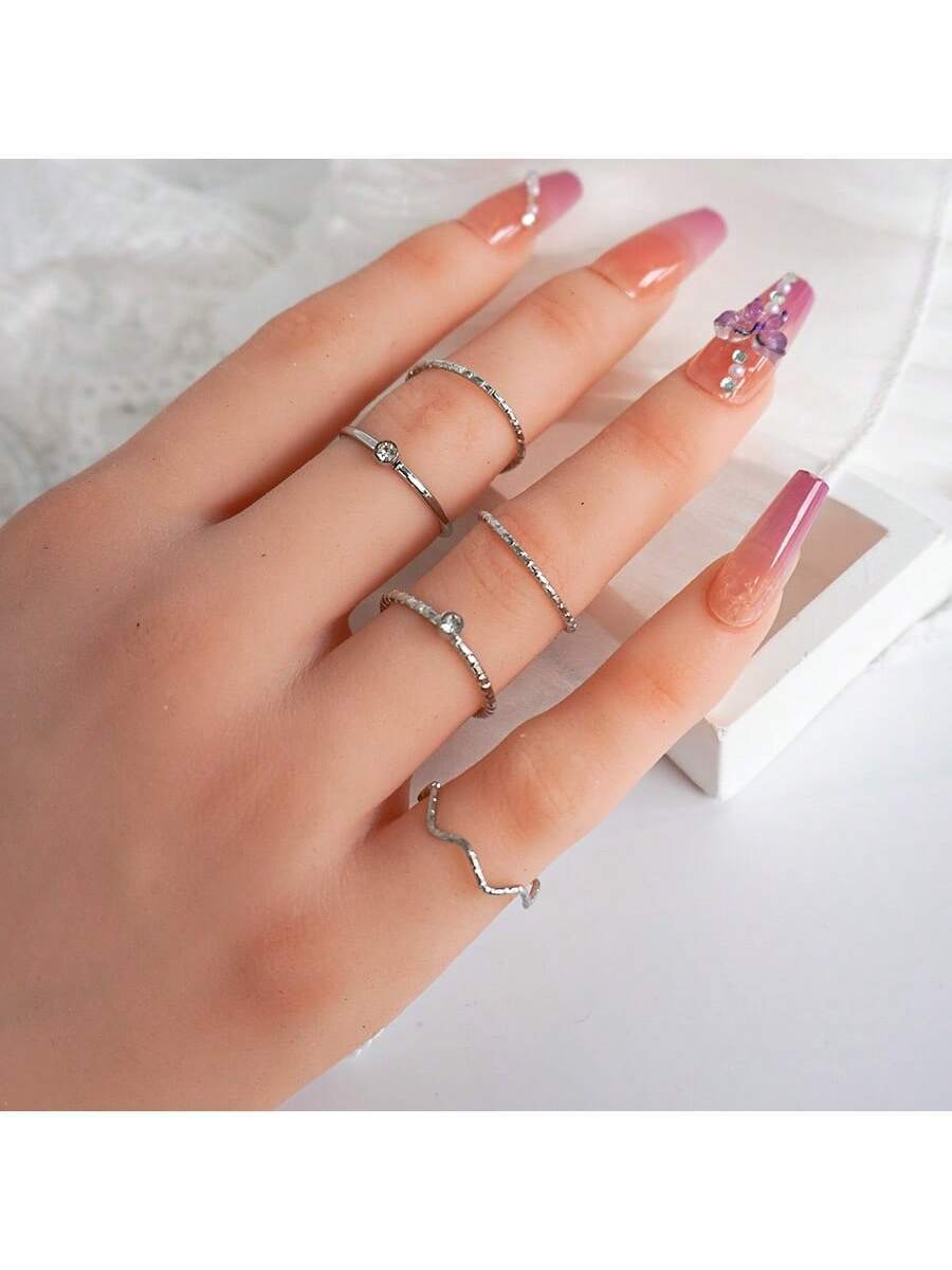 リング レディース セット ファッショナブルなシルバーカラーリングセット 5個入り、女性の日常着用に適しています拍卖