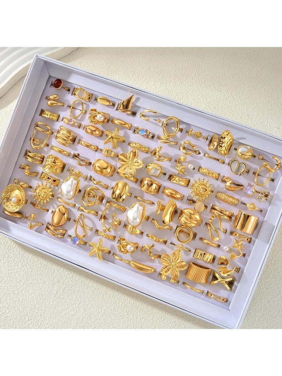 リング レディース セット フラワー、ジェムストーン、パール、スター、しわ、涙型、光沢テクスチャ ワイド ビッグリング 15個セッ拍卖