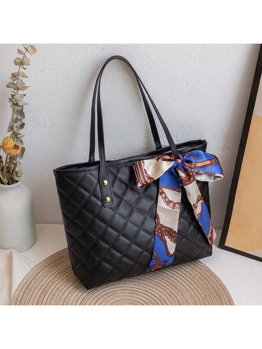 バッグ レディース トートバッグ 1個 PU素材 キルティング刺繍トートバッグ スカーフ付き、大容量、軽量、多用途、通勤に適してい拍卖