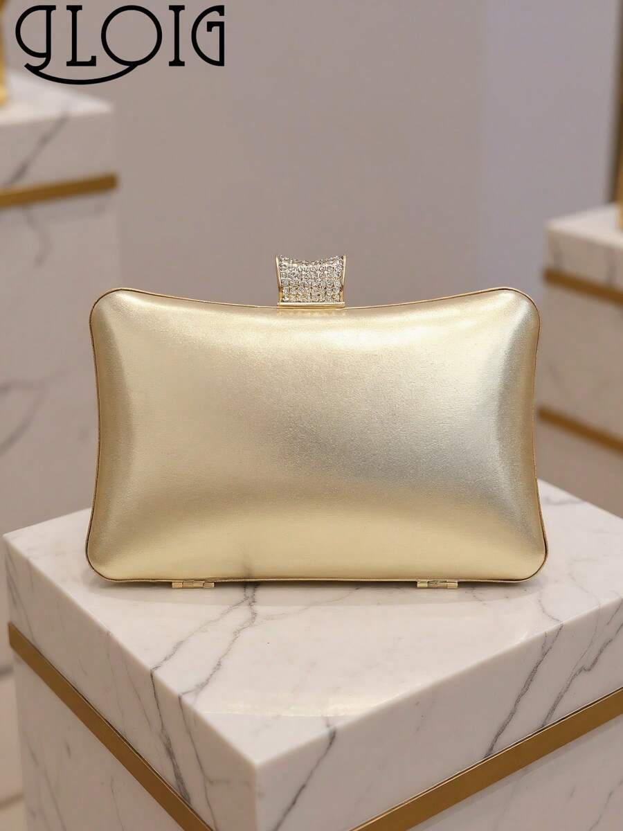 バッグ レディース ドレスバッグ ゴールドカラーのメタル製レディースイブニングバッグ、ラインストーン付き小型デイクラッチ、ショルダ拍卖