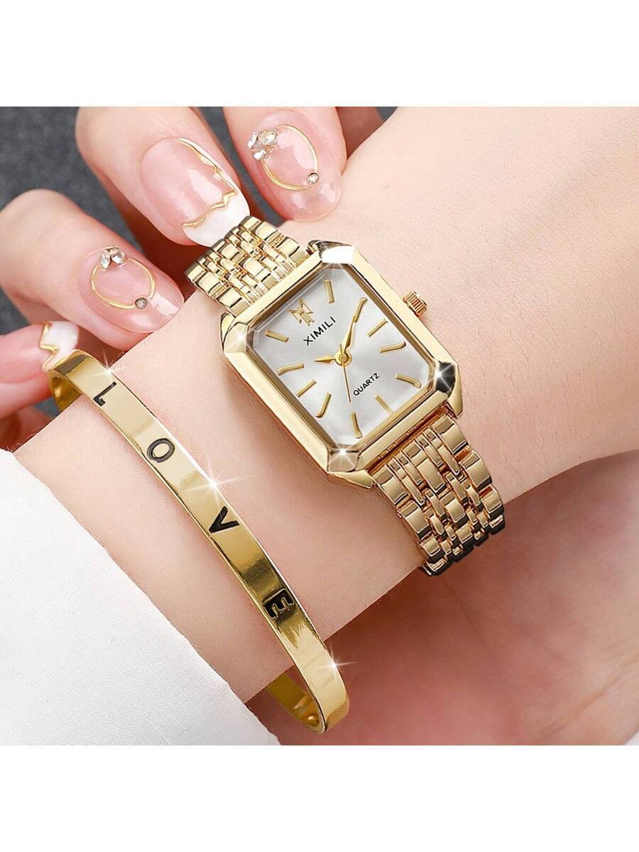 腕時計 レディース セット 1個 女性用 鋼製ベルト カジュアルミニマリスト 角型文字盤クォーツ腕時計 + 1個 ラブブレスレット拍卖