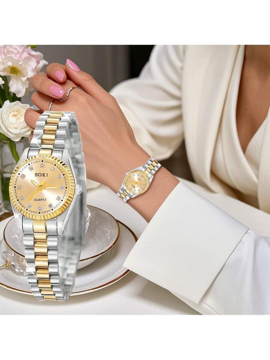 腕時計 レディース クォーツ 1個 レディース腕時計 女性用 ゴールド ラウンド 全面ダイヤモンド アレイストラップ カジュアル拍卖