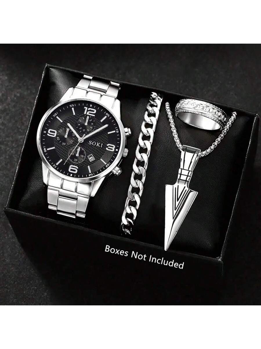 腕時計 メンズ セット ファッショナブルな1セット メンズクォーツ腕時計 カレンダー機能付き ジンクアロイケース&ブレスレット、丸拍卖