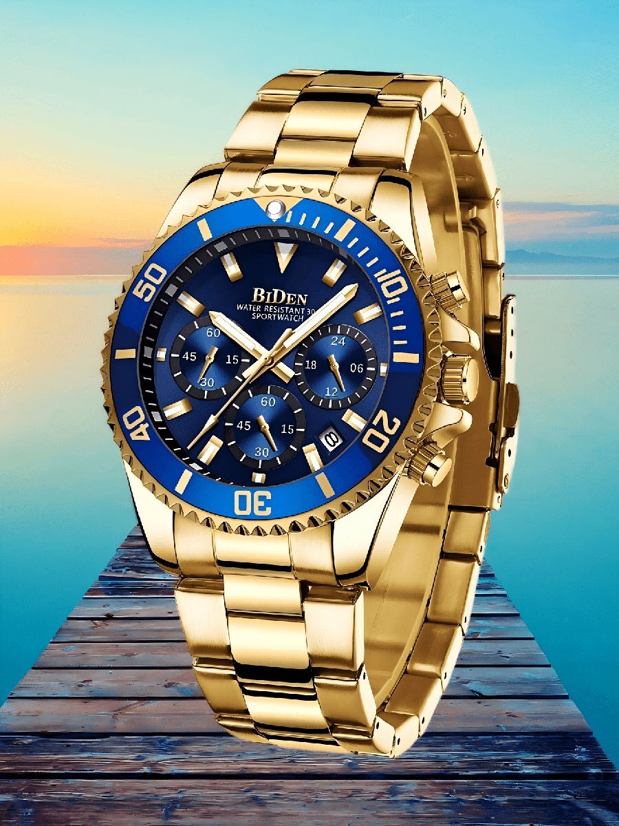 腕時計 メンズ クォーツ メンズビジネス腕時計、クロノグラフ、ステンレススチールバンド 防水カレンダー発光クォーツ腕時計、カジュア拍卖