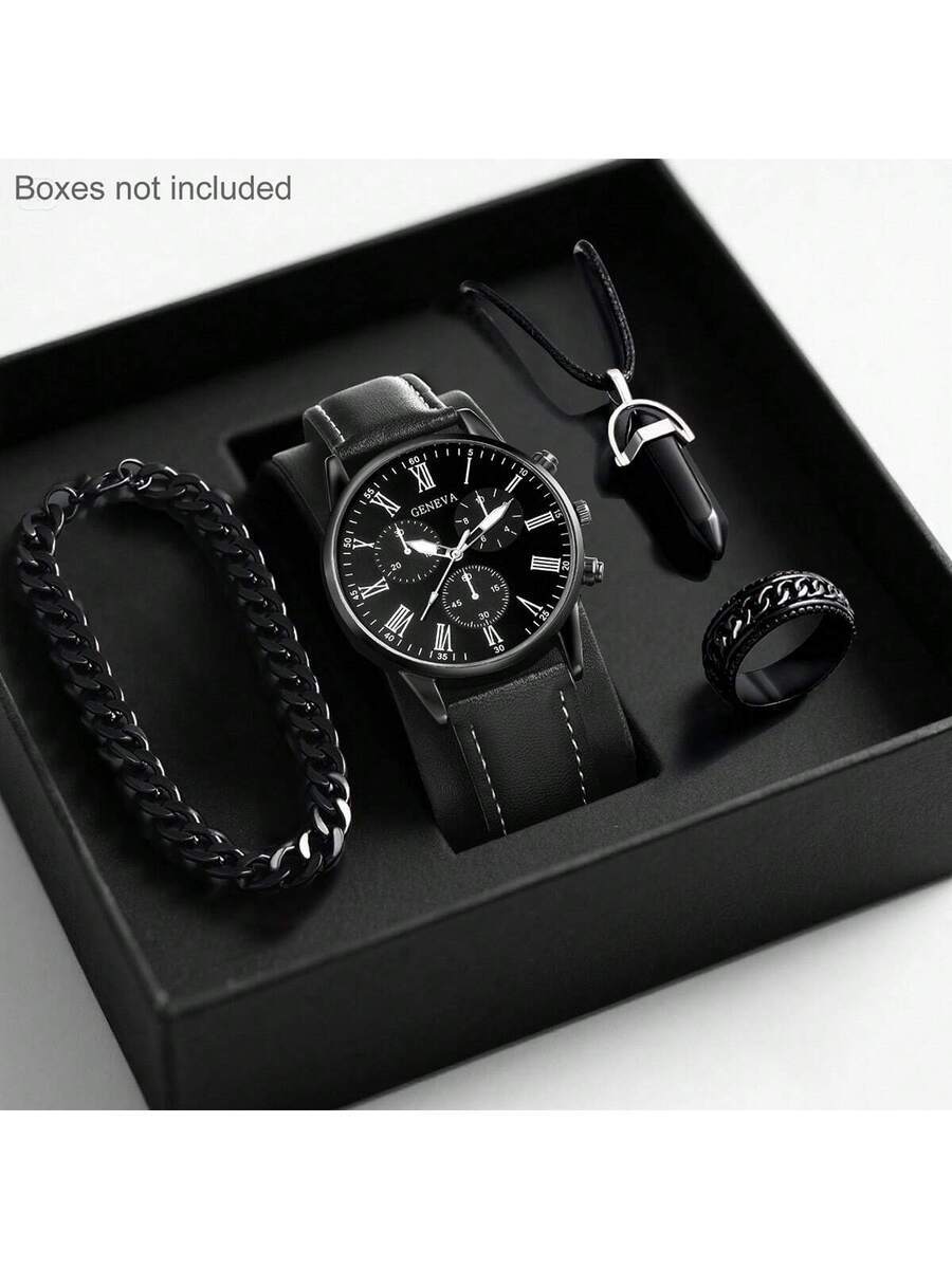 腕時計 メンズ セット 1セット メンズクォーツ腕時計 カレンダー機能付き、亜鉛合金ケース PUストラップ、丸型ダイヤル、電子駆動拍卖