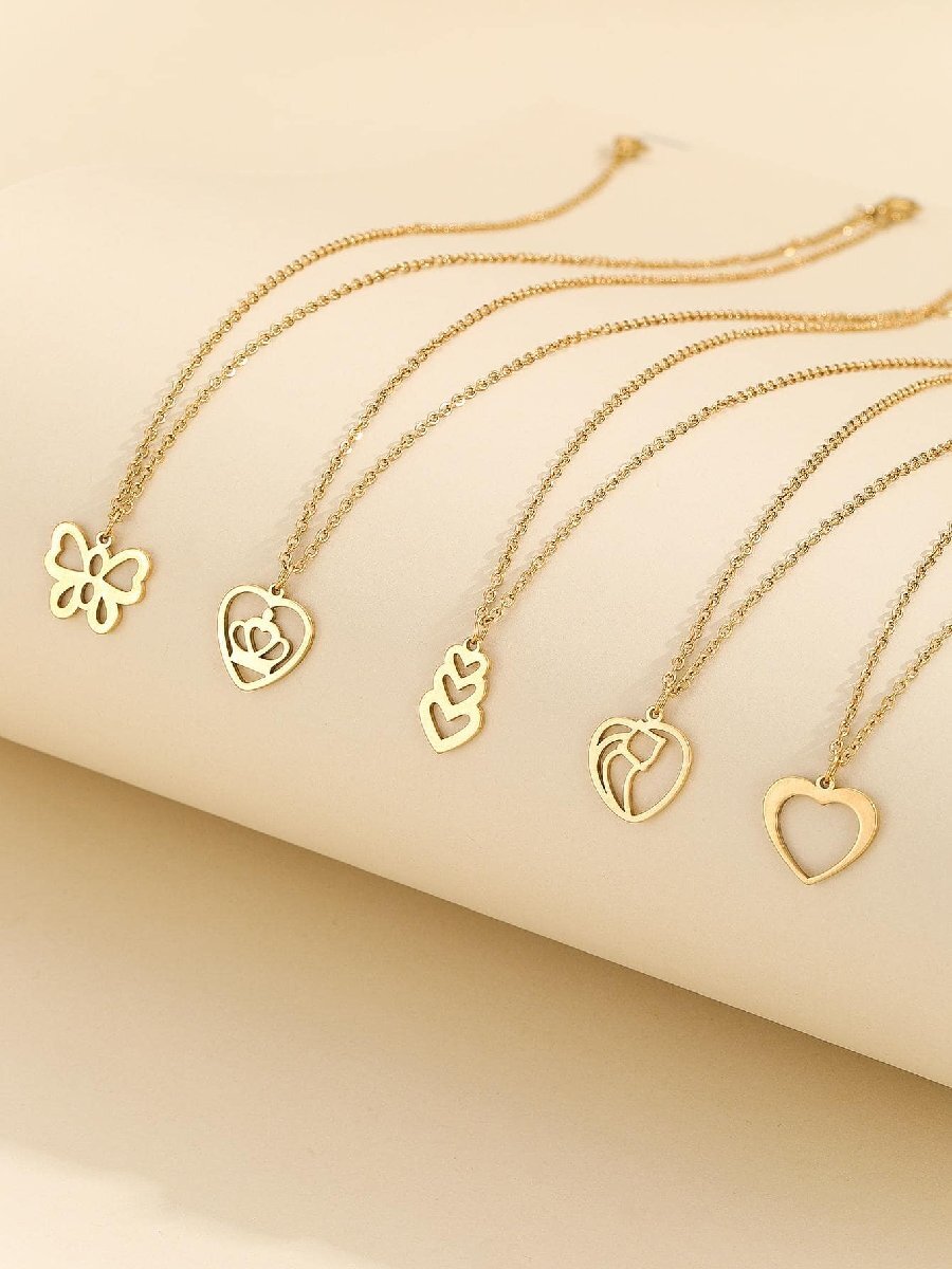 ジュエリー レディース ネックレス セット 18Kゴールドメッキ ステンレススチール ハート&バタフライ ペンダントチャーム ネッ拍卖
