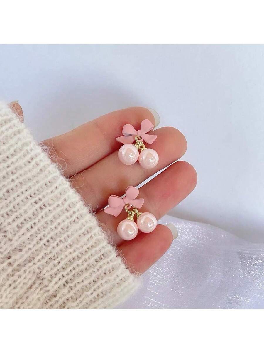 ジュエリー レディース イヤーアクセサリー 新作 スウィート ガールズ 春夏 フレッシュピンク リボン パール ビーズ ピアス フ拍卖