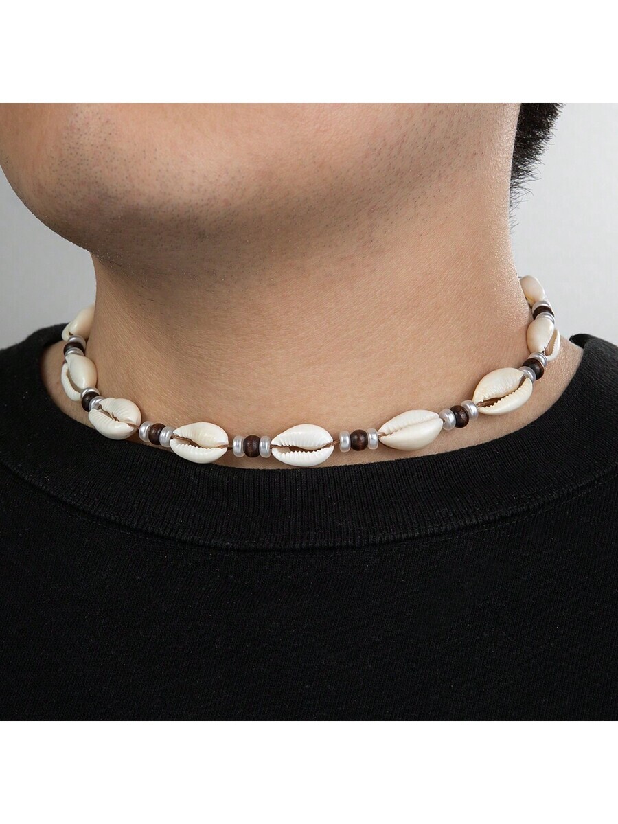 ジュエリー メンズ ネックレス ボヘミアン風アンティークフェイクパール仕切り 木製ビーズ 防水ワックスロープ編み込みネックレス1個拍卖